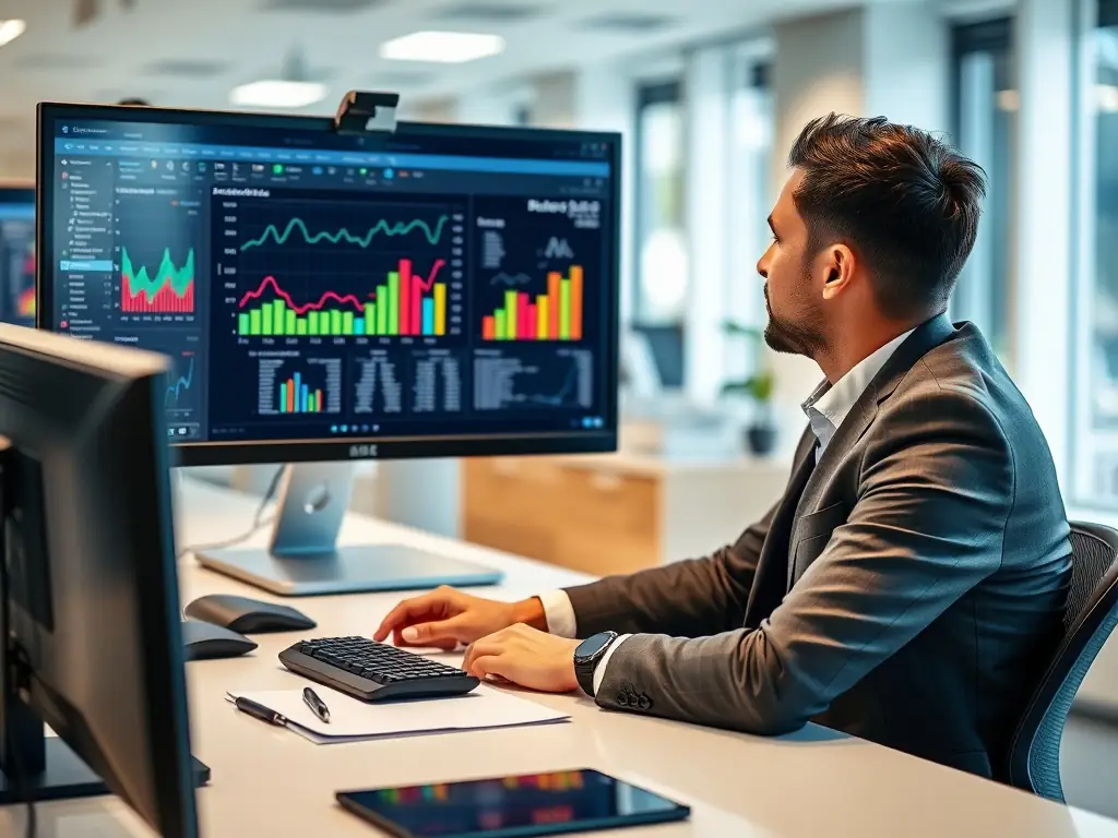 A focused professional is analyzing Google Ads data on a computer screen, with charts and graphs illustrating campaign performance. The setting is a modern office environment, emphasizing data-driven decision-making.