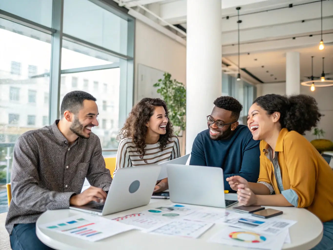 A diverse team of digital marketing professionals collaborating in a bright, open office space, brainstorming strategies and analyzing campaign results. The atmosphere is energetic and innovative, reflecting a commitment to client success.