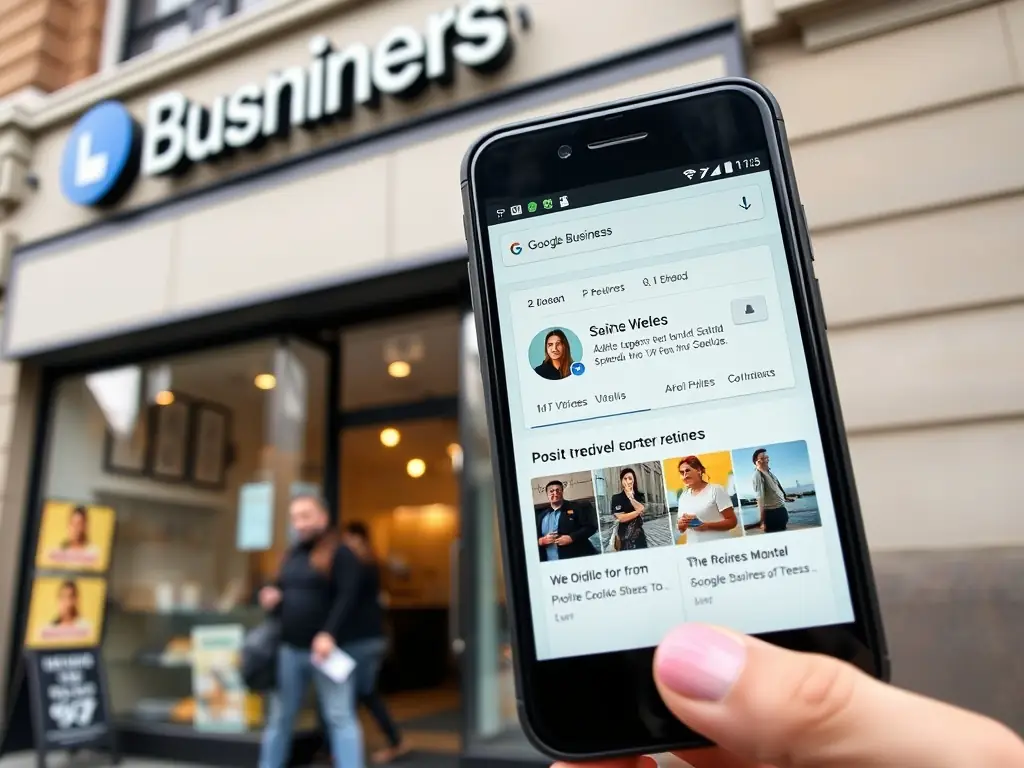 A vibrant Google Business Profile listing on a mobile phone, showcasing positive customer reviews, accurate business information, and engaging photos. The background is a bustling city street, highlighting local visibility.