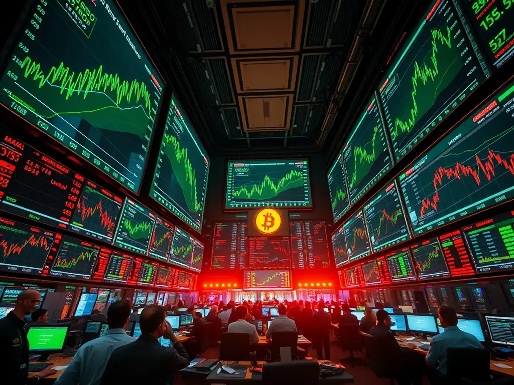A dynamic stock chart displaying the fluctuating prices of Bitcoin, Ethereum, and other major cryptocurrencies, set against a backdrop of a bustling trading floor.