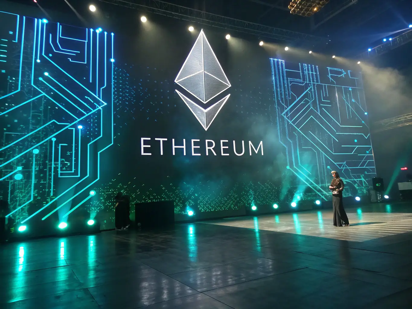 A close-up shot of an Ethereum logo superimposed on a complex network of interconnected nodes, symbolizing the Ethereum blockchain's smart contract capabilities.