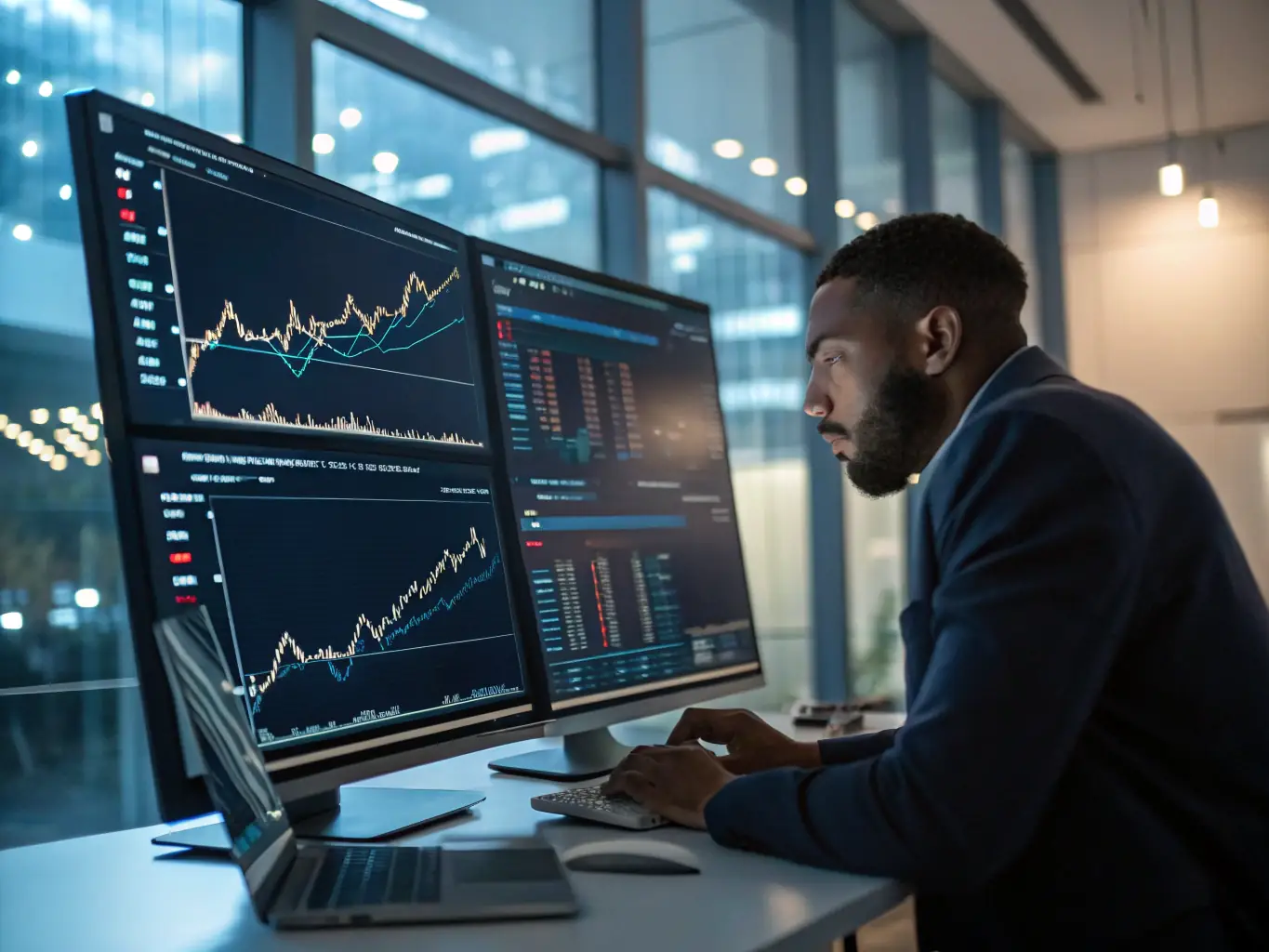 A seasoned financial analyst is reviewing cryptocurrency market data on a multi-monitor setup in a modern office environment. Charts and graphs are prominently displayed, indicating a deep dive into market trends.