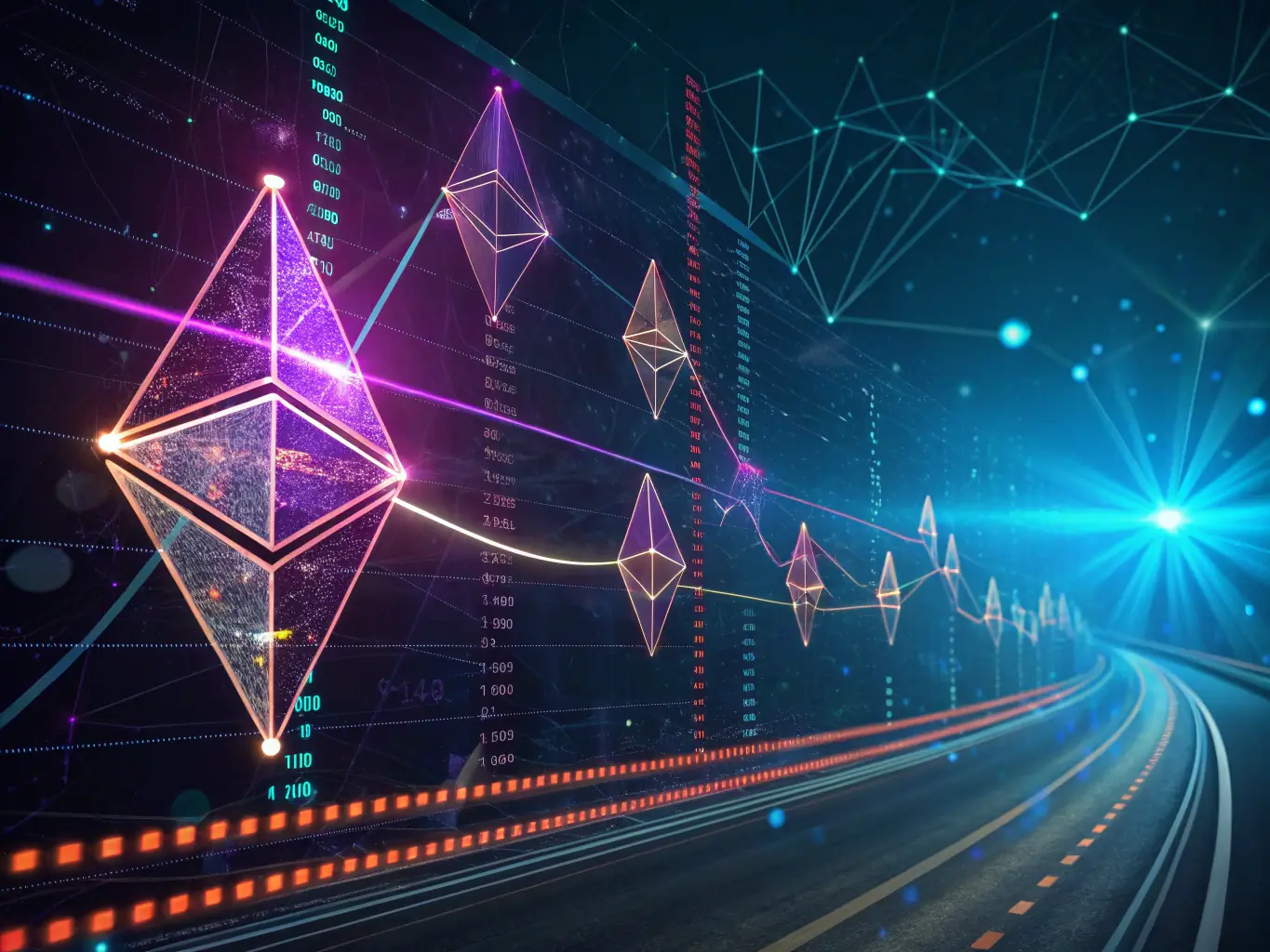 An artistic representation of the Ethereum network, showcasing interconnected nodes and smart contract symbols. The image should evoke a sense of innovation and technological advancement.