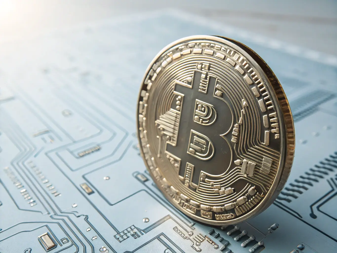 A close-up shot of a physical Bitcoin coin with a circuit board pattern in the background, symbolizing the blend of physical currency and digital technology. The image should convey trust and innovation.
