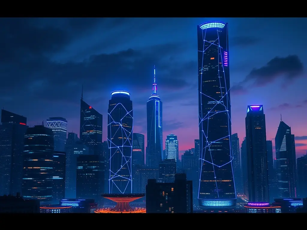 A futuristic cityscape with interconnected nodes representing blockchain technology, symbolizing innovation and connectivity.